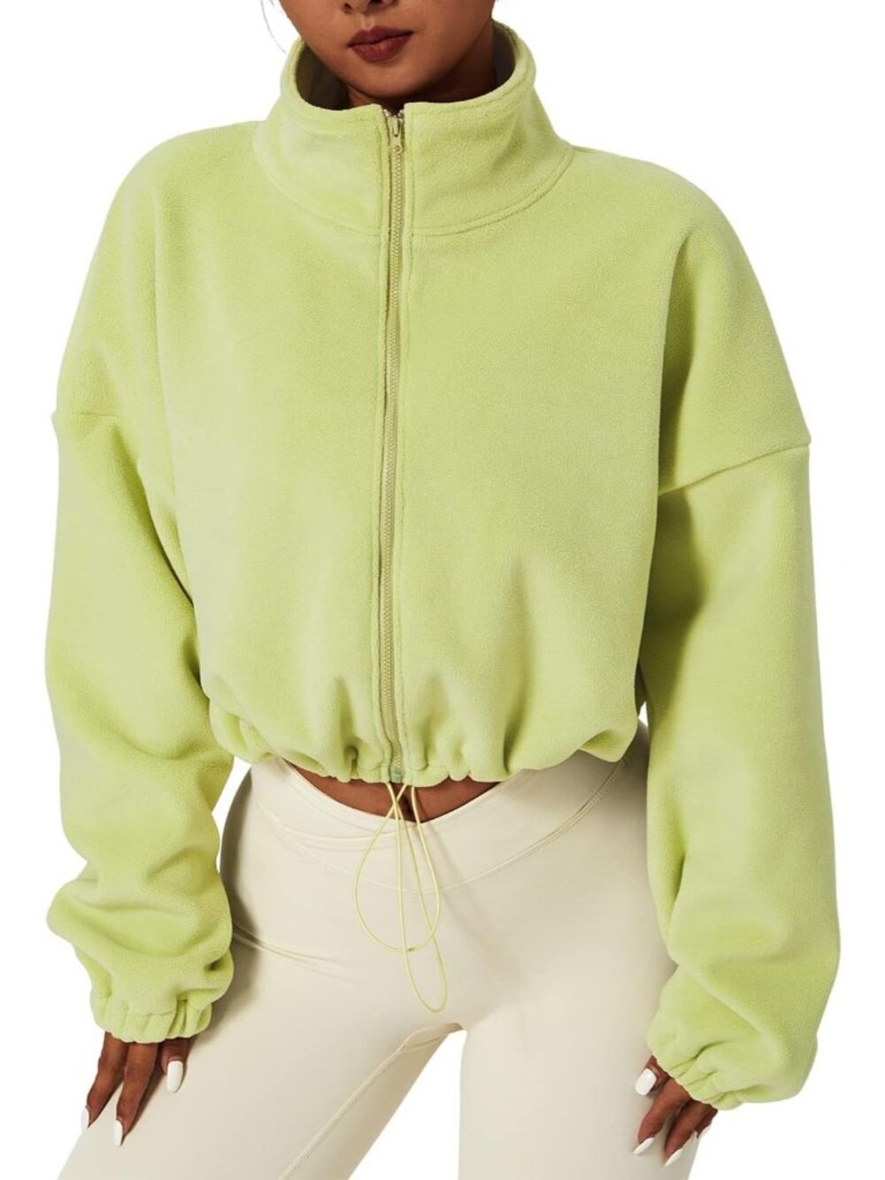 Women’s Lime Green Cropped Sherpa Full Zip Warm Winter Coat Fleece Jacket